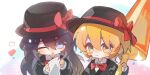  1boy 1girl :3 :o ;o aged_down black_hair black_hat blonde_hair blood blood_on_face blue_eyes bow bowtie child chinese_commentary commentary_request don_quixote_(project_moon) hair_between_eyes hat hat_bow highres holding holding_cloth holding_polearm holding_weapon hong_lu_(project_moon) kindergarten_uniform lance limbus_company limbus_kindergarten_uniform long_hair long_sleeves one_eye_closed open_mouth polearm project_moon red_bow red_bowtie shang_ge_promax short_hair sparkle traditional_bowtie weapon yellow_eyes 