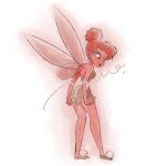  1girl angry bare_shoulders blonde_hair blue_eyes breasts commentary dress fairy fairy_wings green_dress green_shoes hair_bun highres looking_at_viewer mini_person minigirl mio_ney pointy_ears shoes short_hair single_hair_bun solo strapless strapless_dress tinker_bell_(disney) untranslatable_commentary walt_disney's_peter_pan wings 