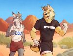5_fingers anthro bodily_fluids bottomwear brown_hair canada_lynx canid canine canis clothed clothed_anthro clothed_male clothing coyote duo echo_(game) echo_(series) echo_project felid feline fingers fur grey_body grey_fur hair hi_res humanoid_hands jogging lynx male mammal multicolored_body multicolored_fur pink_nose shirt shorts sweat t-shirt tan_body tan_fur tank_top tj_hess tongue topwear two_tone_body two_tone_fur ventkazemaru white_body white_fur