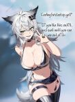  1girl animal_ear_fluff animal_ears arknights black_bra black_shorts black_thighhighs bra breasts cleavage commentary english_commentary english_text grey_eyes grey_hair grey_tail highres konekogou lappland_(arknights) latex latex_bra navel scar scar_across_eye scar_on_face short_shorts shorts smile solo tail teeth thick_thighs thigh_strap thighhighs thighs twitter_username underwear wolf_ears wolf_girl wolf_tail 
