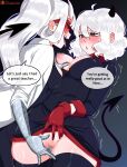  2girls :d :o ahoge aroused black_background black_horns black_jacket black_pants black_tail black_thighhighs blush breasts bright_pupils censored censored_nipples cleft_of_venus coat collared_jacket commentary cowboy_shot curly_hair demon_girl demon_horns demon_tail double-parted_bangs english_commentary english_text eye_contact face-to-face fingering from_below from_side gloves goggles grabbing_another's_breast gradient_background grey_background groping hair_between_eyes half-closed_eyes hand_up heart heart-shaped_pupils helltaker high_ponytail highres horns jacket lab_coat long_hair long_sleeves looking_at_another loremaster_(helltaker) lower_eyelashes_only mechanical_arms medium_breasts modeus_(helltaker) mosaic_censoring multiple_girls nipples no_panties nose_blush one_breast_out open_clothes open_coat open_mouth osulan pants patreon_logo patreon_username ponytail profile pussy pussy_juice raised_eyebrows red-tinted_eyewear red_eyes red_gloves ring_sidelocks short_hair sidelocks simple_background sleeve_cuffs smile speech_bubble standing suit_jacket sweat symbol-shaped_pupils tail talking teeth thick_thighs thighhighs thighs tinted_eyewear tongue tongue_out trembling two-tone_background upper_teeth_only very_long_hair white_coat white_horns white_pupils wide_hips yuri 