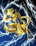  1other blue_eyes body_fur cazmo claws commentary electricity energy_ball full_body furry horns looking_at_viewer neck_fur pokemon pokemon_(creature) pokemon_focus solo standing untranslatable_commentary yellow_fur zeraora 