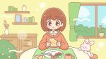  1girl animal blue_sky blush_stickers book bread bread_slice brown_eyes brown_hair chest_of_drawers chibi chibi_only closed_mouth commentary_request cup curtains day food food_bite fork fruit highres holding holding_food indoors long_sleeves mug orange_(fruit) orange_slice orange_sweater original pet plate ponytail rabbit shelf shirt short_hair sky slice_of_life smile solo suzuki_arisa_(arisa0456) sweater toast vase white_shirt 