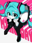  1girl aqua_eyes aqua_hair aqua_nails arm_tattoo bare_shoulders black_boots black_skirt boots chiori_(_chio_ri) colored_mouth detached_sleeves english_text grey_shirt hair_intakes hands_on_own_cheeks hands_on_own_face hatsune_miku highres long_hair looking_at_viewer miku_day number_tattoo open_mouth shirt skirt solo tattoo thigh_boots twintails vocaloid white_background 