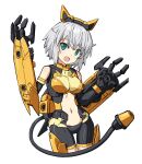  1girl 30_minutes_sisters :d aqua_eyes black_gloves breasts cable cable_tail clothing_cutout commentary_request exoskeleton gloves highres looking_at_viewer mecha_musume mechanical_arms mechanical_ears mechanical_tail medium_breasts medium_hair navel rishetta_(30ms) simple_background smile solo stomach_cutout tail uemukai_dai white_background white_hair 