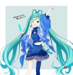  1girl aqua_eyes aqua_hair aqua_nails arm_up blue_jacket blue_skirt blue_thighhighs blush braid braided_hair_rings commentary_request earrings ezukiyamai hair_ornament hair_rings hatsune_miku heart heart_earrings highres holding_lightstick jacket jewelry lightstick long_hair looking_at_viewer magical_mirai_(vocaloid) magical_mirai_miku magical_mirai_miku_(2025) midriff navel official_alternate_costume official_alternate_hairstyle one_eye_closed open_mouth revision single_earring single_thighhigh skirt smile solo star_(symbol) star_hair_ornament stomach thighhighs twintails very_long_hair vocaloid 