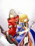  bad_id bad_pixiv_id blazblue blonde_hair gloves green_eyes highres jin_kisaragi kanade_(reveryearth) male_focus multiple_boys ragna_the_bloodedge sword weapon white_hair yukianesa 