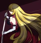  bakemonogatari blonde_hair breasts cleavage dress elbow_gloves gloves highres katana kiss-shot_acerola-orion_heart-under-blade long_hair medium_breasts monogatari_(series) solo sword vampire weapon yamaneko_ken yellow_eyes 