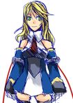  alternate_hairstyle blazblue blonde_hair green_eyes hair_down long_hair lowres noel_vermillion solo thighhighs 