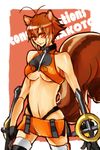  animal_ears blazblue breasts brown_hair character_name highres makoto_nanaya medium_breasts orange_eyes orange_skirt revealing_clothes sesame_ange short_hair skirt solo squirrel_ears squirrel_tail tail thighhighs underboob 