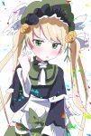  1girl :o absurdres birthday black_capelet black_flower black_rose blonde_hair blush bonnet bow capelet commentary_request confetti dot_nose dress flower frown furrowed_brow green_bonnet green_bow green_dress green_eyes hand_up hat hat_flower highres hutsugyou jitome lolita_fashion long_hair long_sleeves looking_at_viewer mahou_shoujo_no_majo_saiban parted_lips pinky_out rose simple_background solo tono_hanna twintails upper_body v-shaped_eyebrows very_long_hair white_background white_flower yellow_flower yellow_rose 