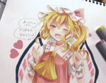  1girl :d ;d art_tools_in_frame ascot blonde_hair blush collared_shirt commentary_request crystal crystal_wings fang flandre_scarlet frilled_shirt_collar frilled_wrist_cuffs frills furawast hat hat_ribbon heart highres looking_at_viewer mob_cap one_eye_closed one_side_up photo_(medium) pointy_ears red_eyes red_vest ribbon shirt smile solo speech_bubble spoken_heart touhou traditional_media translation_request upper_body vest white_hat white_shirt white_wrist_cuffs wings wrist_cuffs yellow_ascot 