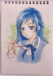  1girl absurdres aizen_(syoshiyuki) blue_eyes blue_hair bow bowtie braid collared_shirt cropped_torso dokidoki!_precure half_up_braid highres hishikawa_rikka holding holding_removed_eyewear long_hair long_sleeves precure shirt solo traditional_media unworn_eyewear upper_body 