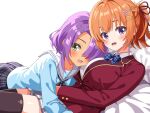  2girls :d black_thighhighs blue_shirt blush bow bowtie braid breasts cafe_stella_to_shinigami_no_chou collared_shirt commentary_request cowboy_shot dark-skinned_female dark_skin dress_shirt face_to_breasts green_eyes grey_skirt hair_intakes hair_ornament hairclip half_up_braid happy head_on_pillow hiuchidani_mei hug jacket large_breasts long_sleeves looking_at_viewer lying medium_hair miniskirt multiple_girls on_back on_bed on_stomach open_mouth orange_hair parallel_hairclips pillow plaid_bow plaid_bowtie plaid_clothes plaid_skirt pleated_skirt ponytail purple_eyes purple_hair red_jacket sailor_collar sailor_shirt school_uniform serafuku shirt sidelocks simple_background skirt smile suit_jacket sumizome_nozomi tan thick_eyebrows thighhighs white_background white_shirt yokoshima_akunusu zettai_ryouiki 