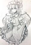  1girl ascot blush bow closed_mouth collared_shirt commentary_request crystal crystal_wings flandre_scarlet frilled_shirt_collar frilled_skirt frills furawast hat hat_bow highres holding_own_skirt long_hair looking_at_viewer mob_cap one_side_up pointy_ears puffy_short_sleeves puffy_sleeves shirt short_sleeves sketch skirt smile solo touhou traditional_media vest wings wrist_cuffs 