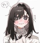  1girl ? arknights blush brown_hair commentary_request grey_eyes korean_commentary lab_coat name_tag o_chu_pen priestess_(arknights) sweatdrop sweater turtleneck 