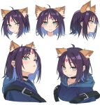  1girl ahoge animal_ears black_choker blue_hair blue_hoodie blue_kimono blush cho_kaguya-hime! choker closed_mouth colored_inner_hair commentary_request forehead_jewel fox_ears fox_girl from_side green_eyes highres hood hood_down hoodie japanese_clothes kimono looking_at_viewer medium_hair multicolored_hair multiple_expressions open_mouth purple_hair sakayori_iroha simple_background tensann3 white_background 
