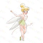  1girl bare_shoulders blonde_hair breasts commentary dress fairy fairy_wings green_dress green_shoes hair_bun highres looking_at_viewer mini_person minigirl mio_ney pointy_ears shoes short_hair single_hair_bun smile solo strapless strapless_dress tinker_bell_(disney) untranslatable_commentary walt_disney's_peter_pan wings 