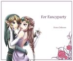  1girl bad_id bad_pixiv_id blonde_hair blue_eyes braid brown_hair chikuwa_(rinka) couple dancing earrings elbow_gloves eye_contact flower gauntlets gloves hat hetero jewelry link looking_at_another pink_flower pink_rose pointy_ears princess_zelda rose the_legend_of_zelda the_legend_of_zelda:_twilight_princess tiara 