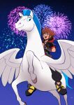  1boy 2026 black_jacket black_pants blue_hair blue_sclera brown_hair chain chain_necklace chinese_zodiac colored_sclera commentary english_commentary feathered_wings fireworks flying full_body happy hercules_(1997_movie) highres hood hood_down hooded_jacket horse horseback_riding jacket jewelry kingdom_hearts kingdom_hearts_iii looking_back male_focus necklace night open_mouth outdoors pants pegasus pegasus_(disney) pendant pondreaart puffy_pants riding shoes short_hair sky smile sora_(kingdom_hearts) spiked_hair star_(sky) starry_sky white_fur white_wings wings year_of_the_horse yellow_shoes 