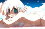  bad_id bad_pixiv_id bikini blonde_hair green_eyes lying on_stomach open_mouth original sakaki_(noi-gren) short_hair solo swimsuit 