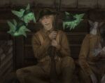  2boys absurdres animal_ears animal_nose apron artist_name axis_powers_hetalia baggy_pants belt black_boots blonde_hair blood blood_on_clothes blue_dress bolt_action boots british_army brown_belt brown_jacket brown_pants brown_sky buttons collared_jacket commentary creature death dress english_commentary fairy fairy_wings fangs feathered_wings feet_out_of_frame flying green_eyes gun hands_up headscarf helmet highres holding holding_gun holding_weapon jacket lips long_sleeves looking_at_another male_focus military military_jacket military_uniform multiple_boys night open_mouth p14_enfield pants pocket rabbit_ears rabbit_tail rain revormee rifle short_hair sitting sky solo_focus spread_legs tail teeth trench united_kingdom_(hetalia) waist_apron war weapon wet wet_hair white_apron white_headscarf wings world_war_i 