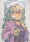  1girl :/ ahoge bandaid bandaid_on_face black_tank_top blonde_hair blue_eyes border breasts cup dated freckles hat hat_charm highres holding holding_cup hood hood_down jacket jacket_partially_removed long_hair looking_at_viewer medium_breasts meiz original outline parted_bangs pink_jacket purple_sweater round_eyelashes signature solo sweater tank_top traditional_media upper_body wavy_hair white_hat white_outline 
