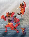  1other artist_name brown_eyes claws closed_mouth colored_sclera english_commentary evolutionary_line fangs fire frown furry green_eyes highres imazartz incineroar jumping litten open_mouth pokemon pokemon_(creature) pokemon_focus sitting smile standing tail torracat yellow_sclera 