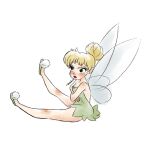  1girl bare_shoulders blonde_hair blue_eyes breasts check_commentary commentary_request dress fairy fairy_wings green_dress hair_bun highres mio_ney pointy_ears short_hair single_hair_bun solo strapless strapless_dress tinker_bell_(disney) walt_disney's_peter_pan wings 