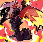  1other arumia black_jacket blaziken blaziken_(punk) blue_eyes body_fur cropped_jacket fire full_body furry jacket leather leather_jacket looking_to_the_side open_clothes open_jacket pokemon pokemon_(creature) pokemon_unite red_background red_fur solo wallet_chain 