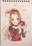  1girl absurdres aizen_(syoshiyuki) bangs_pinned_back bow brown_eyes brown_hair chocolate choker commentary_request cropped_torso dokidoki!_precure hair_bow highres holding long_hair long_sleeves looking_at_viewer madoka_aguri precure smile solo traditional_media upper_body 