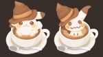  artist_name blush_stickers coffee coffee_mug commentary_request cup food food_focus hat latte_art mimikyu mug no_humans pikachu pokemon rizu_(rizunm) saucer simple_background spoon witch_hat 