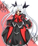  ahoge blazblue cosplay crest eyepatch fang hair_ribbon kitagawa_kagura long_hair nu-13 rachel_alucard rachel_alucard_(cosplay) red_eyes ribbon silver_hair solo twintails 