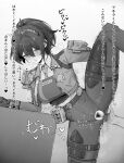  1girl absurdres blush breasts commentary_request female_masturbation female_pubic_hair fingering flexible gloves greyscale hair_between_eyes hairband heart high-waist_pants highres jacket large_breasts leaning_on_table leaning_to_the_side leg_lift leg_up long_hair masturbation metal_hairband monochrome necktie nonflied pants police police_badge police_uniform policewoman ponytail pubic_hair pussy shirt solo_focus speech_bubble standing standing_on_one_leg tight_clothes tight_pants zenless_zone_zero zhu_yuan 