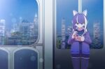  1girl animal_ear_headphones animal_ears blue_shorts cat_ear_headphones cat_ears cellphone cityscape commentary_request commission cowboy_shot facing_viewer fake_animal_ears glasses grey_eyes headphones hh highres holding holding_phone jacket looking_at_phone multicolored_hair original pantyhose pantyhose_under_shorts phone purple_hair purple_jacket purple_pantyhose shorts smartphone solo streaked_hair train_interior white_streaks window 