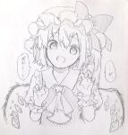  1girl ascot bow claw_pose collared_shirt commentary_request crystal crystal_wings fang flandre_scarlet frilled_shirt_collar frilled_wrist_cuffs frills furawast hat hat_bow highres long_hair looking_at_viewer mob_cap one_side_up pointy_ears shirt sketch skin_fang solo speech_bubble touhou traditional_media translation_request upper_body vest wings wrist_cuffs 