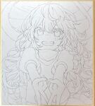  1girl blush bow braid commentary_request double_v furawast greyscale grin hair_bow hat highres kirisame_marisa long_hair looking_at_viewer monochrome shikishi side_braid single_braid skirt smile solo touhou traditional_media v very_long_hair vest witch_hat 