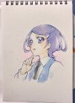  1girl absurdres aizen_(syoshiyuki) black_necktie collared_shirt cropped_torso dokidoki!_precure hand_up highres kenzaki_makoto long_sleeves looking_at_viewer necktie precure purple_eyes purple_hair shirt short_hair solo traditional_media upper_body 