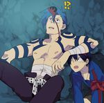  2boys arm_support bad_id bad_pixiv_id bandages bikini_top black_hair blue_hair kamina male_focus multiple_boys shirtless simon surprised tattoo tengen_toppa_gurren_lagann zukki_(suzukio) 