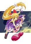  :d blonde_hair fang fighting_stance gourd horns ibuki_suika leaning_forward long_hair nakajimayou open_mouth outstretched_arms smile solo spread_arms touhou v-shaped_eyebrows yellow_eyes 