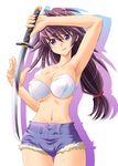 arm_up armpits denim katana lips long_hair original ponytail purple_eyes purple_hair shorts solo sword tenshou_akira weapon 
