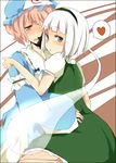  bad_id bad_pixiv_id blue_eyes blush hat heart hug japanese_clothes konpaku_youmu konpaku_youmu_(ghost) mono_(recall) multiple_girls pink_hair red_eyes ribbon saigyouji_yuyuko short_hair silver_hair touhou 