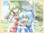  :t ascot blush cirno highres kazami_yuuka leg_hug multiple_girls petting plaid plaid_skirt plaid_vest skirt skirt_set tears touhou tsuki_wani umbrella vest 