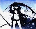  belt bikini_top black_hair black_rock_shooter black_rock_shooter_(character) blue_eyes burning_eye chain chic coat long_hair md5_mismatch midriff navel pale_skin shorts solo twintails very_long_hair 