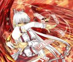  aki_(mare_desiderii) bow fiery_wings fire frown fujiwara_no_mokou glaring hair_bow hair_ribbon hands long_hair ofuda outstretched_hand red_eyes ribbon silver_hair solo suspenders touhou wings 