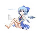  1girl barefoot blue_eyes blue_hair bow cirno feet moge_(mogegege) panties short_hair single_sock socks solo touhou underwear wings 