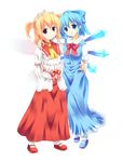  bad_id bad_pixiv_id blonde_hair blue_eyes blue_hair blush bow cirno hair_bow highres ice multiple_girls muneyuki ribbon sunny_milk touhou wings 