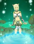  animal_ears bad_id bad_pixiv_id blonde_hair blue_eyes cat_ears cat_tail clola96 collarbone commentary elbow_gloves final_fantasy final_fantasy_xi fingerless_gloves gloves grass headband light midriff mithra navel short_hair sitting soaking_feet solo tail water 