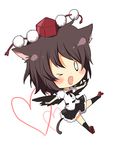  animal_ears black_hair black_wings blush cat_ears cat_tail chibi geta hat heart kemonomimi_mode kurot looking_at_viewer one_eye_closed open_mouth shameimaru_aya solo tail tengu-geta tokin_hat touhou wings 