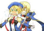  1girl blazblue blonde_hair commentary gloves green_eyes hat jin_kisaragi michi_annai no_nose noel_vermillion tears 